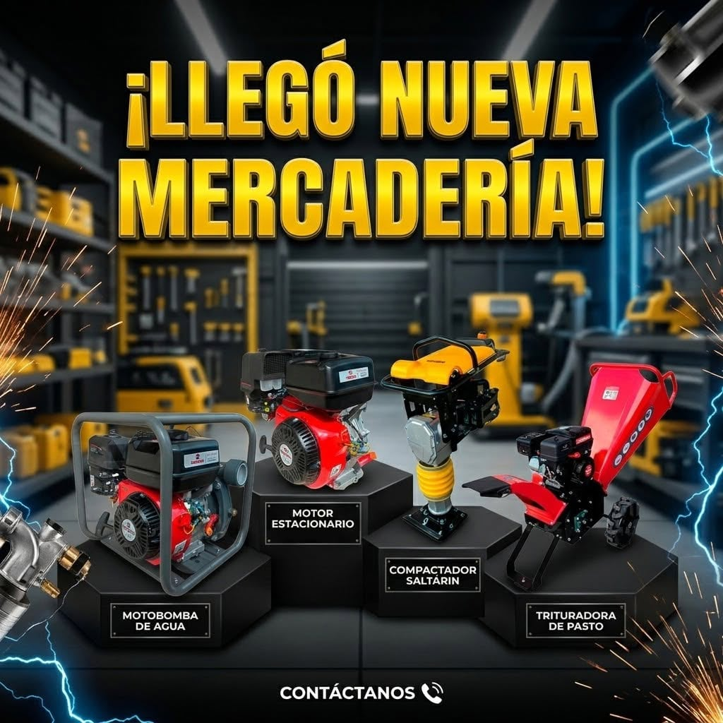 Nueva mercadería: motobomba de agua, motor estacionario, compactador saltarín y trituradora de pasto